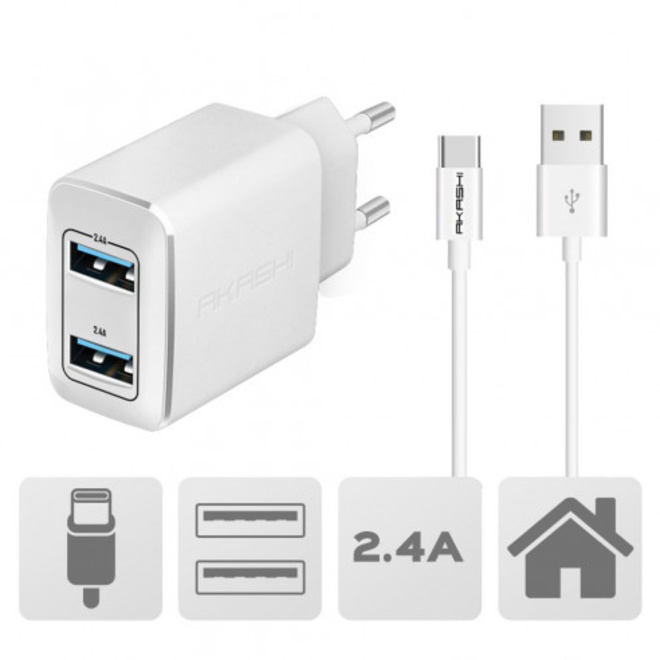 AKASHI<br/>c/secteur 2 usb 2a1 + usb-c blanc