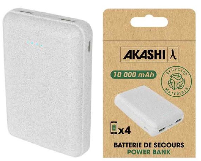 AKASHI<br/>p-bank 10000mah 2 usb+usb-c paille/ble